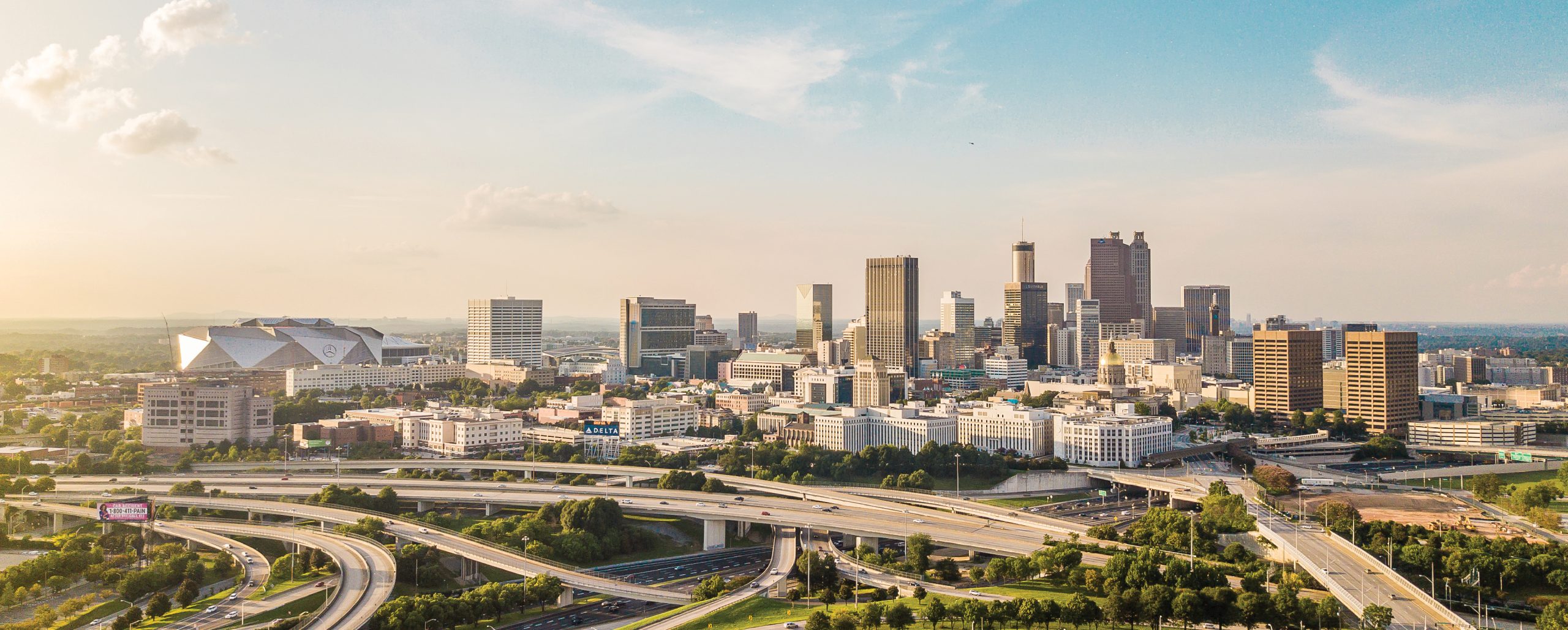 Aerial view of Atlanta roadways and industrial buildings